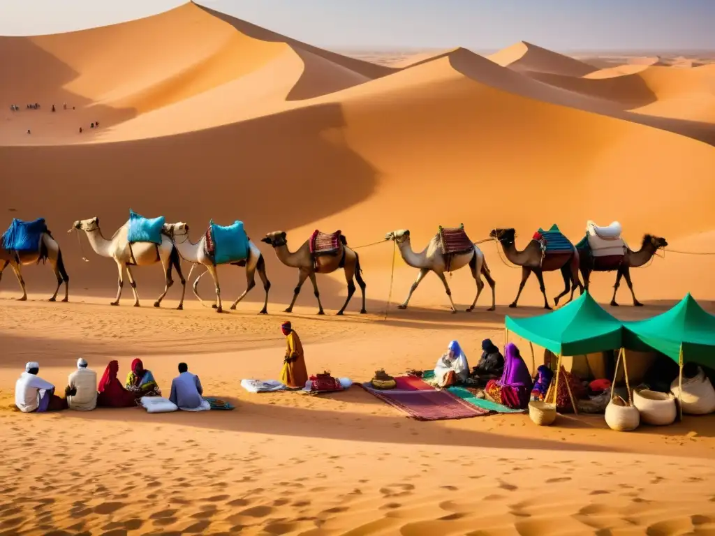 Un bullicioso mercado en el Sahara, con comerciantes intercambiando bienes bajo el sol abrasador