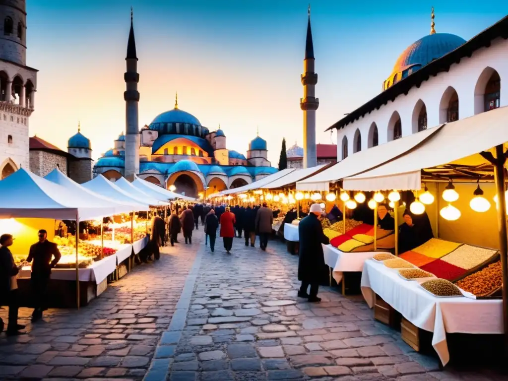 Un bullicioso mercado en el corazón de una ciudad histórica de los Balcanes, con mezquitas y minaretes imponentes