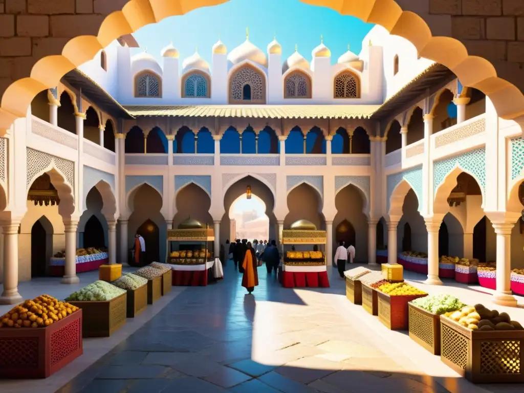 Un bullicioso mercado en el corazón del reino Rustámidas Ibadi, con arquitectura detallada, textiles vibrantes y una explosión de colores