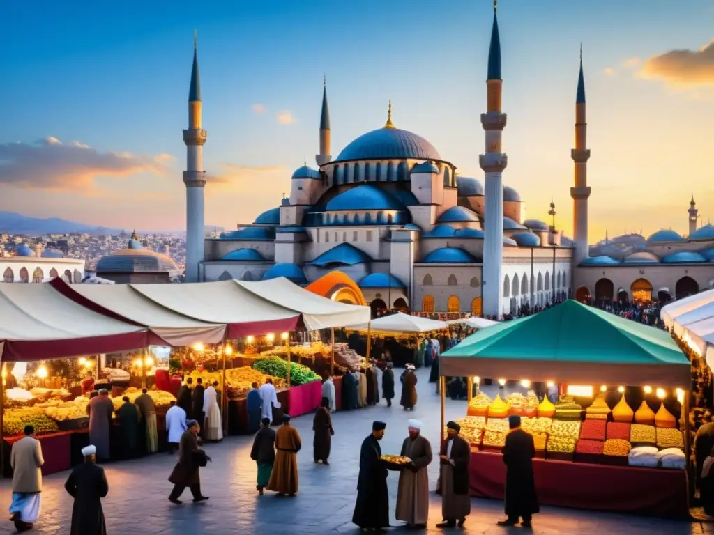 Un bullicioso mercado en el corazón del Imperio Otomano, con personas de diversas religiones y culturas interactuando pacíficamente bajo la sombra de majestuosos minaretes y cúpulas de mezquitas