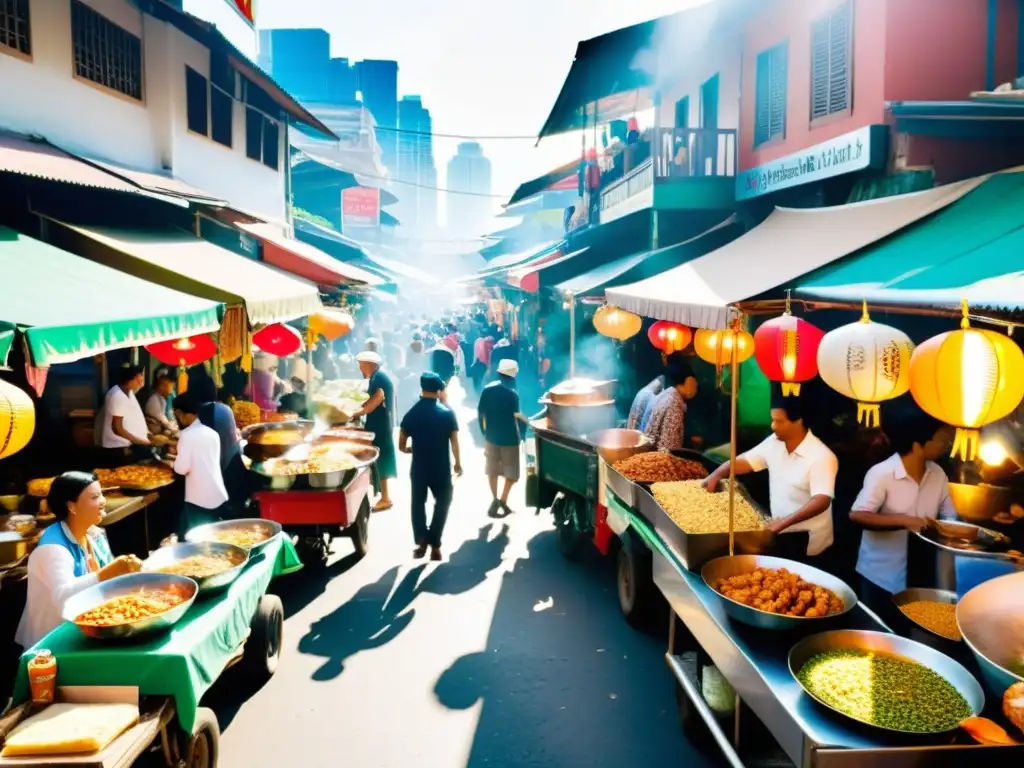 Un bullicioso mercado en el corazón de una vibrante ciudad del sudeste asiático, con puestos de comida halal