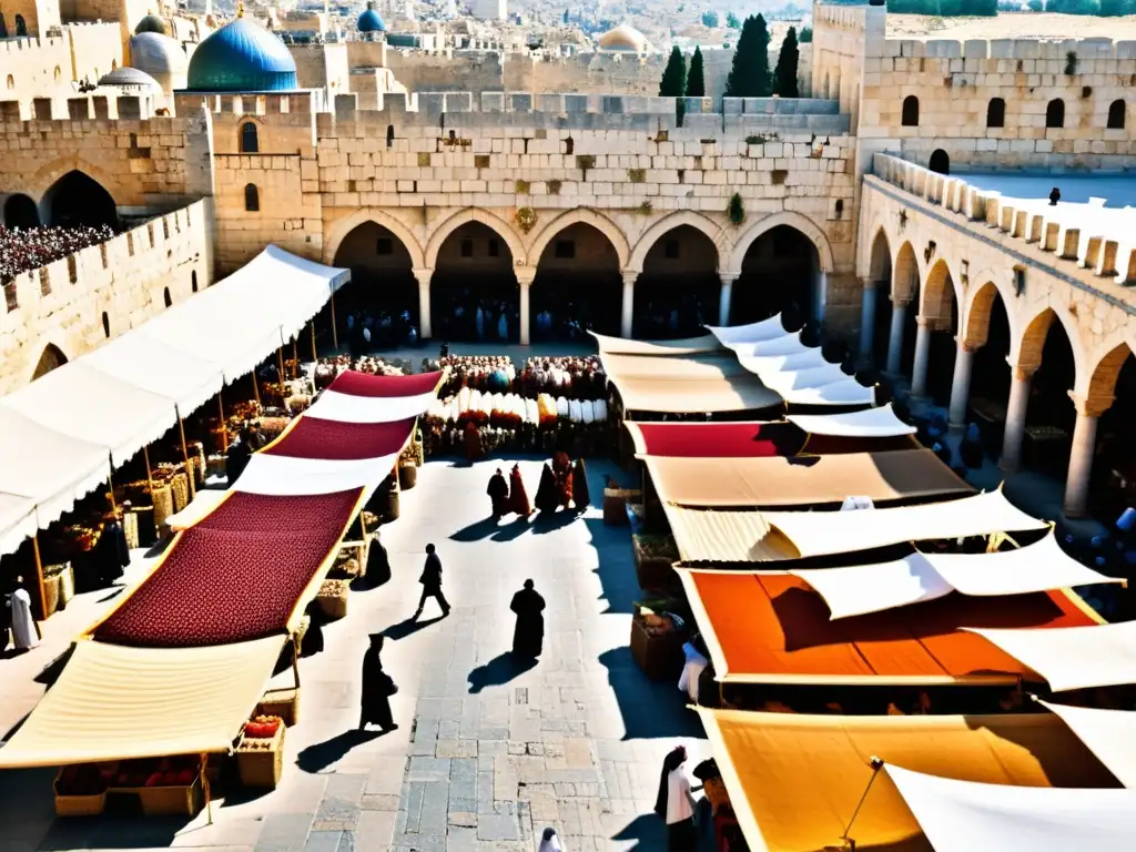 Un bullicioso mercado en Jerusalén durante las Cruzadas, con influencias culturales entre musulmanes y cruzados