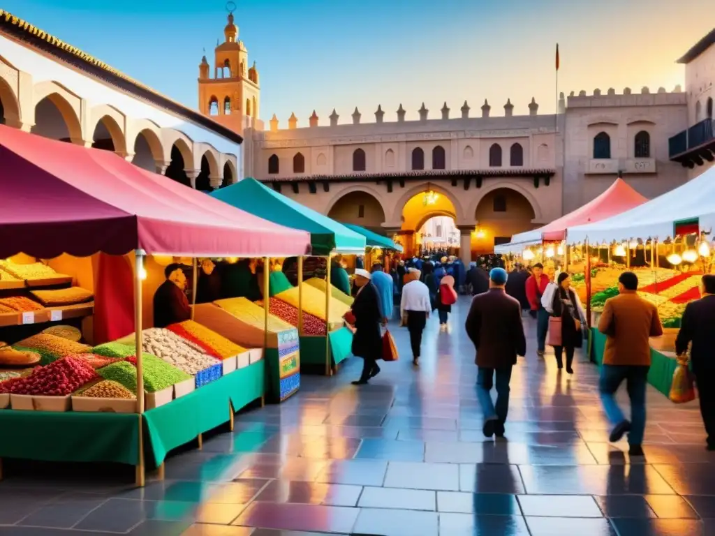 Un bullicioso mercado español con influencia del Islam, repleto de puestos coloridos y artesanías tradicionales