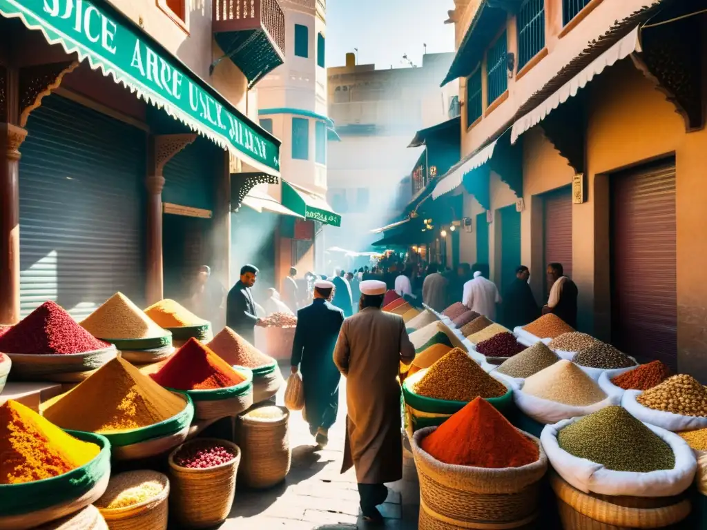 Un bullicioso mercado de especias en una ciudad del mundo islámico, con colores vibrantes y una atmósfera exótica