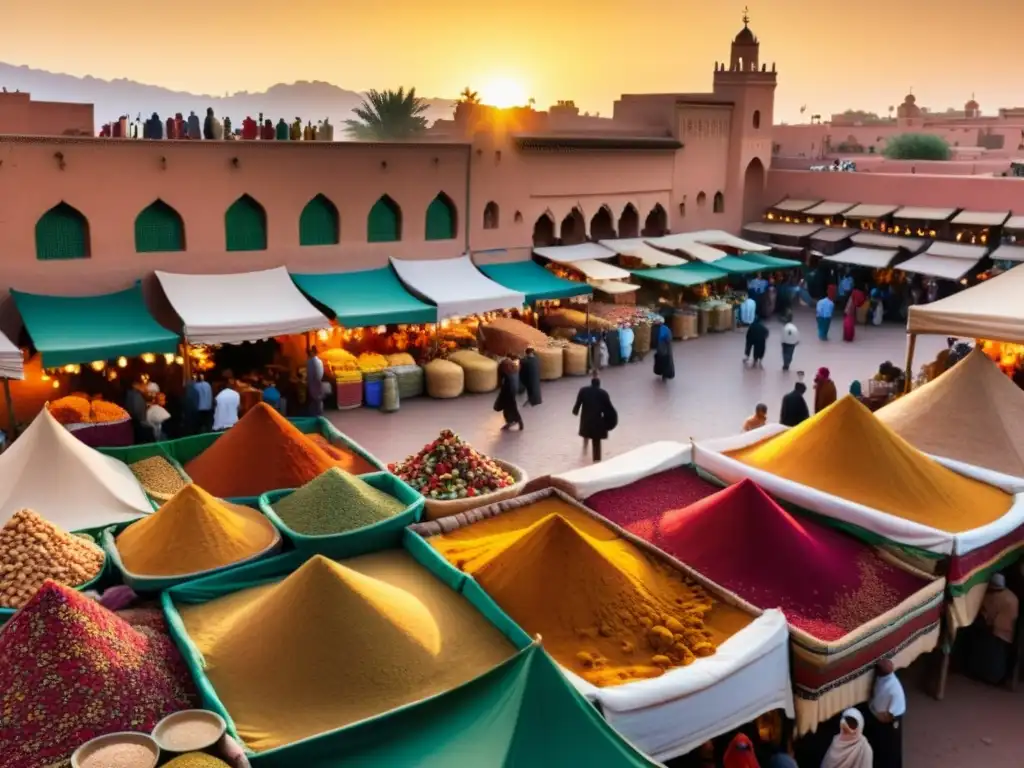 Un bullicioso mercado en Marrakech, Marruecos, con especias coloridas y textiles vibrantes