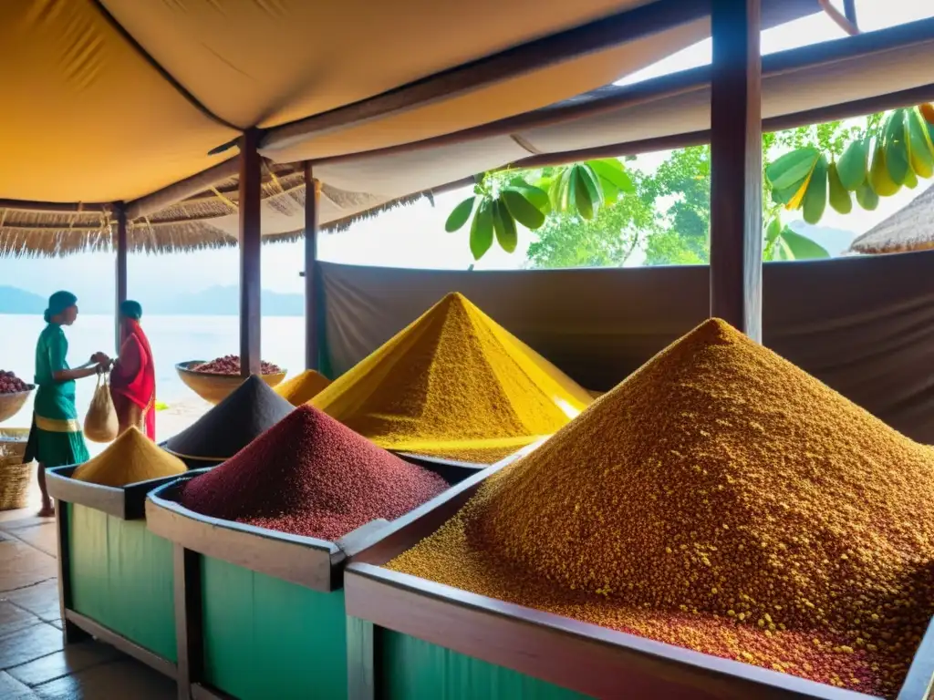 Un bullicioso mercado de especias en las Islas Molucas, con sacos vibrantes de clavo, nuez moscada y macis bajo la cálida luz dorada