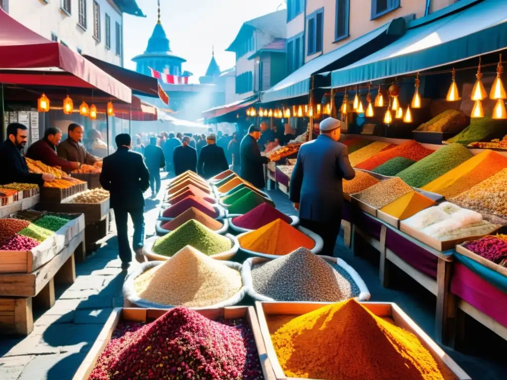 Un bullicioso mercado en Estambul, repleto de puestos vibrantes que exhiben una variedad de especias coloridas, frutas frescas y tés aromáticos