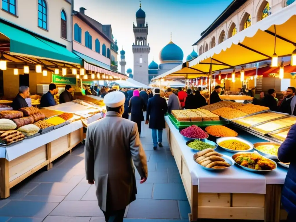 Un bullicioso mercado europeo con puestos de comida islámica, colores vibrantes y aromas tentadores