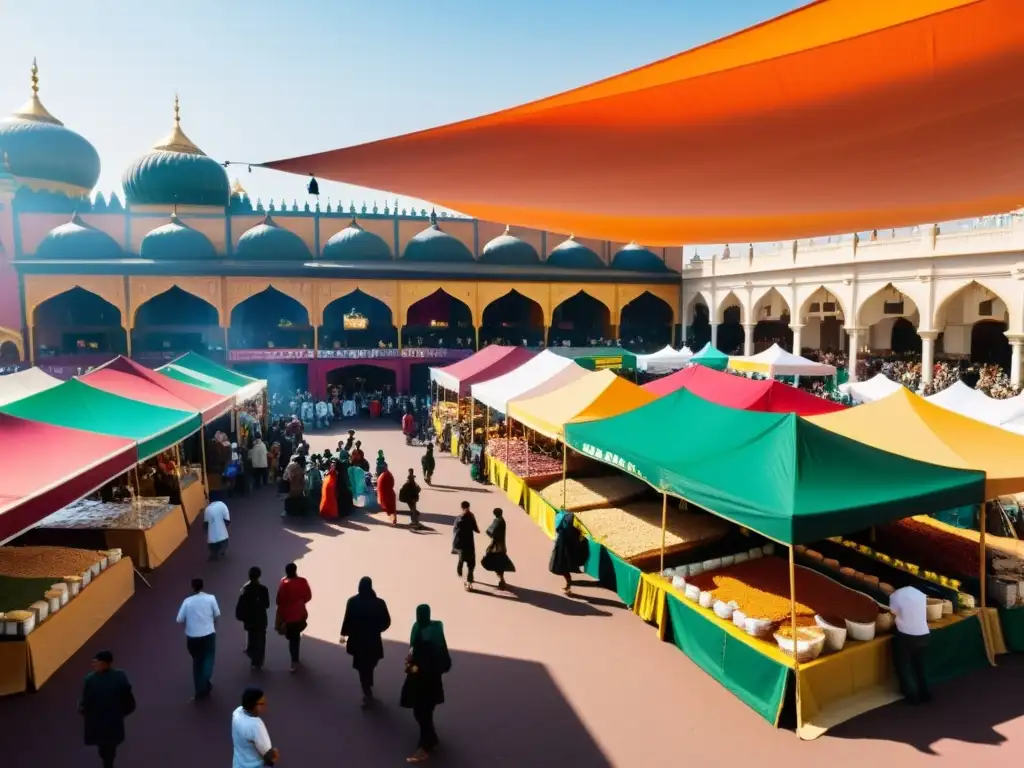 En el bullicioso mercado de un festival Halal 2022, se venden especias, textiles y comida callejera bajo coloridos toldos