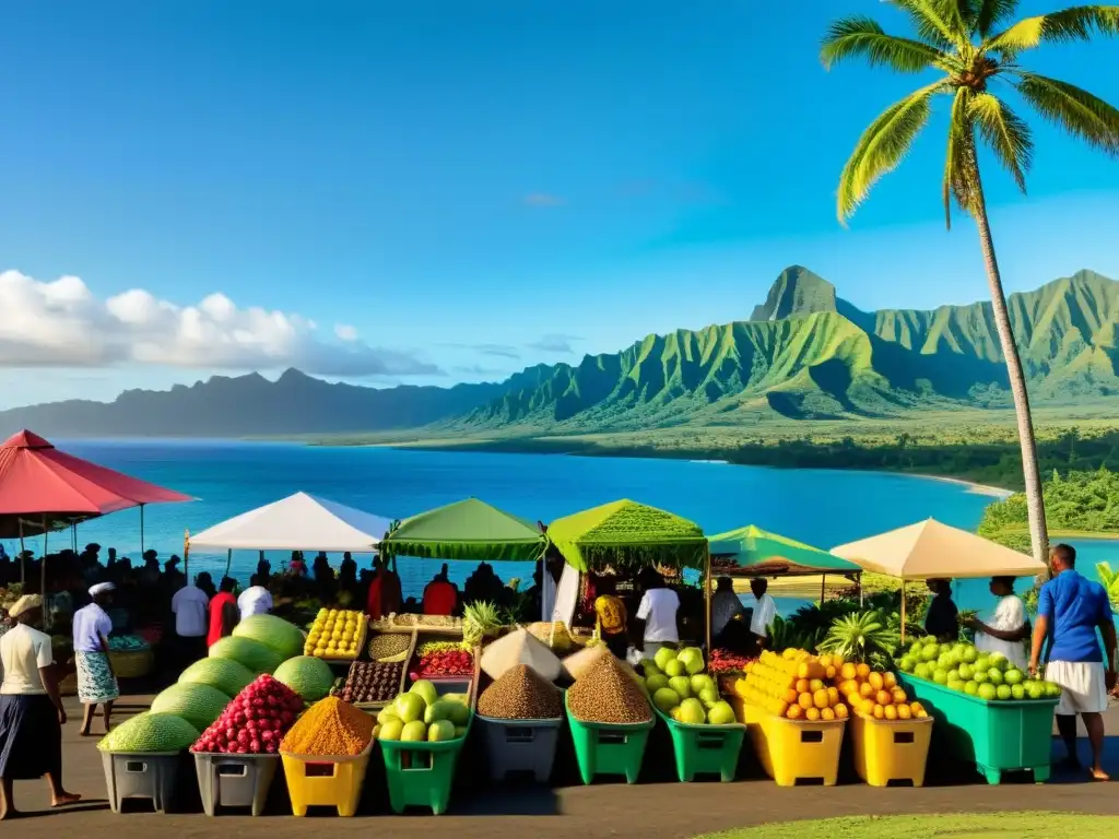 Un bullicioso mercado en Fiji, con colores vibrantes y diversidad de personas, reflejando la influencia de la cultura musulmana en la sociedad fijiana