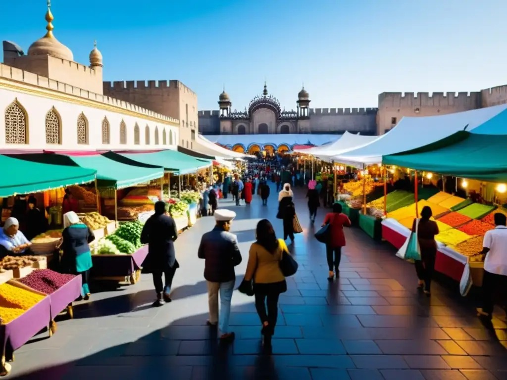 Un bullicioso mercado con gente de diferentes culturas compartiendo y conversando, reflejando la convivencia intercultural con no musulmanes