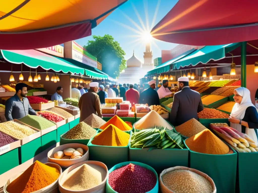 Un bullicioso mercado global con una variedad vibrante de productos de comida halal de todo el mundo