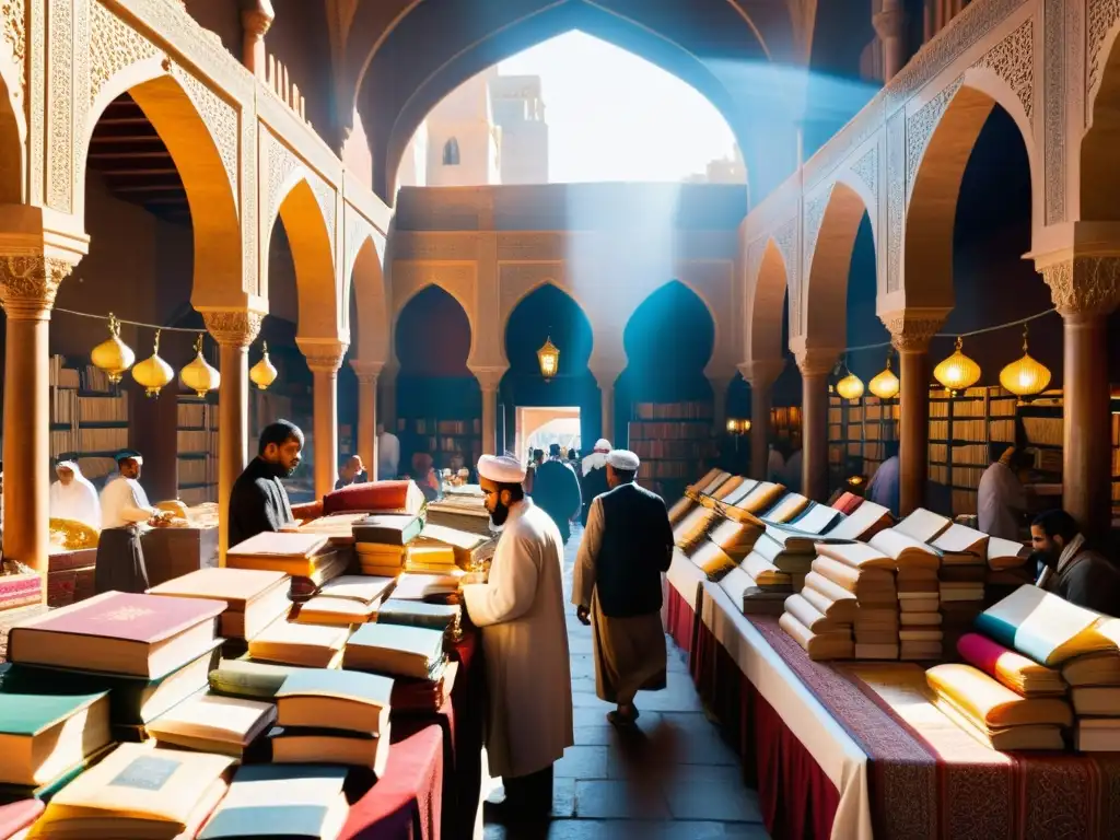 Un bullicioso mercado en una histórica ciudad del Medio Oriente, con arcos ornamentados y textiles vibrantes