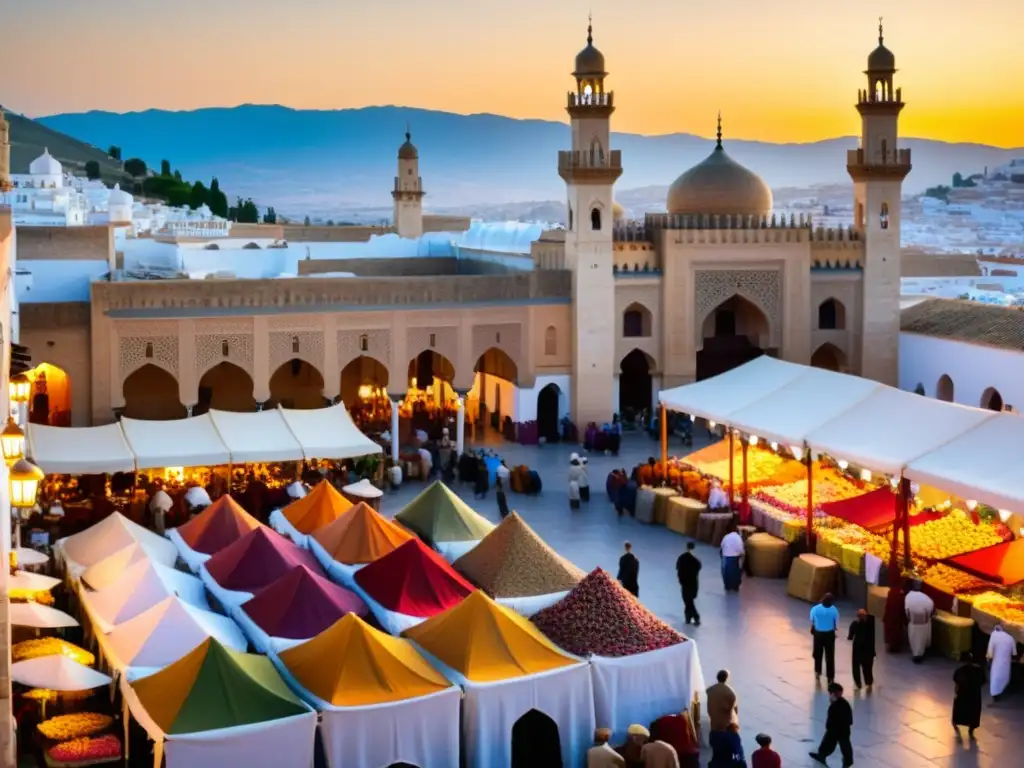 Un bullicioso mercado en una histórica ciudad andaluza, con textiles y especias coloridos bajo la cálida luz del atardecer