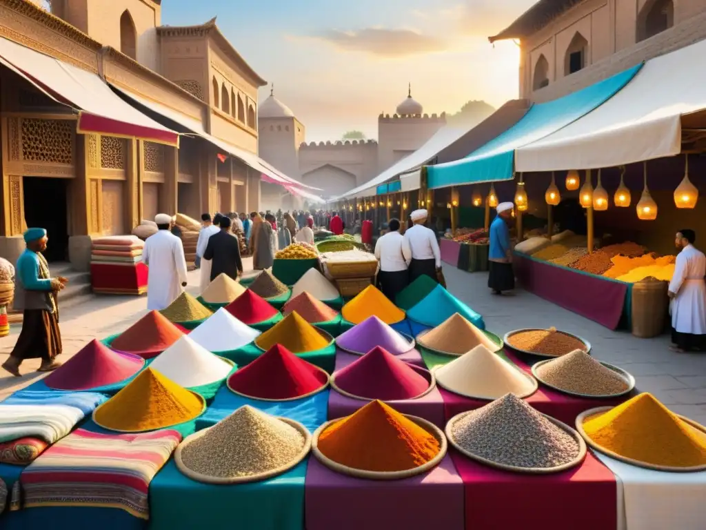 Un bullicioso mercado en una histórica ciudad de la Ruta de la Seda, con textiles y especias coloridas bajo la cálida luz del atardecer