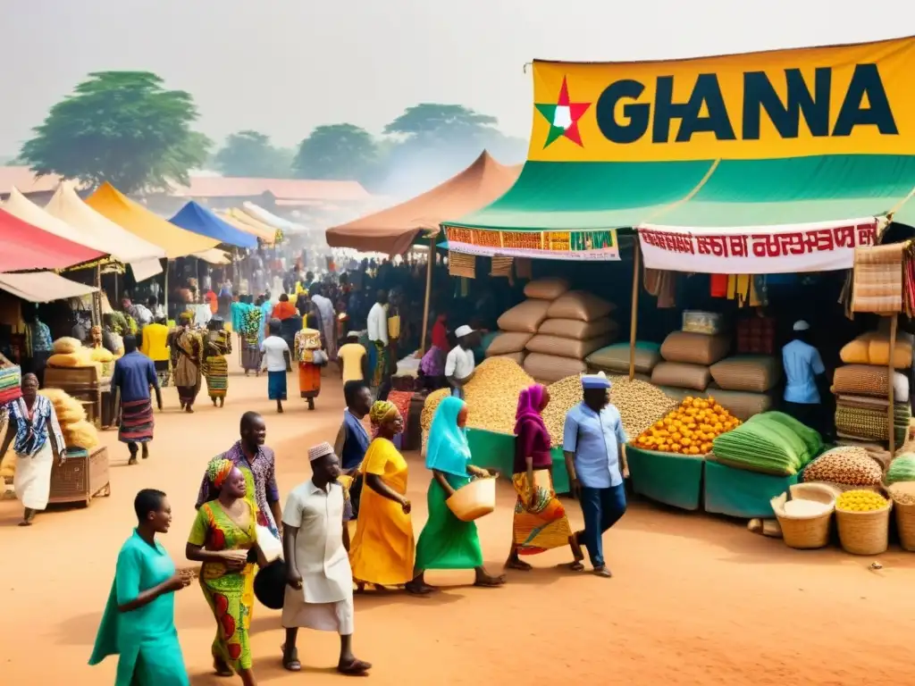 Un bullicioso mercado en Ghana con hombres y mujeres musulmanes participando en actividades políticas y discusiones