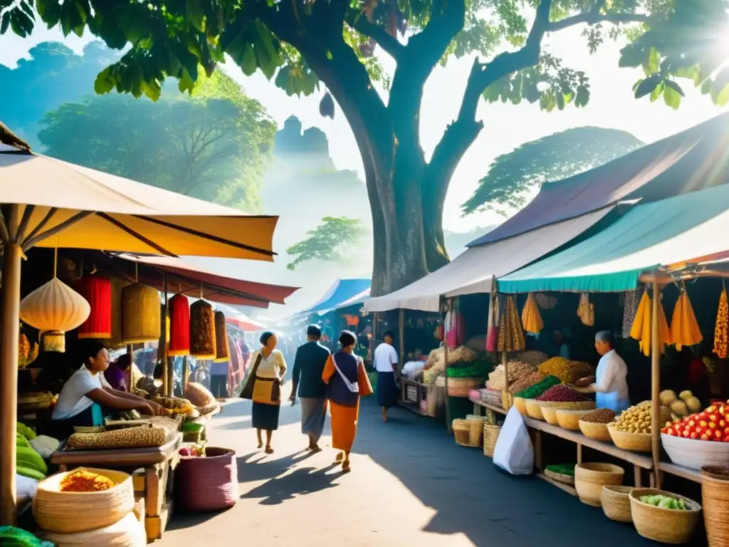 Un bullicioso mercado indonesio, lleno de colores vibrantes y texturas