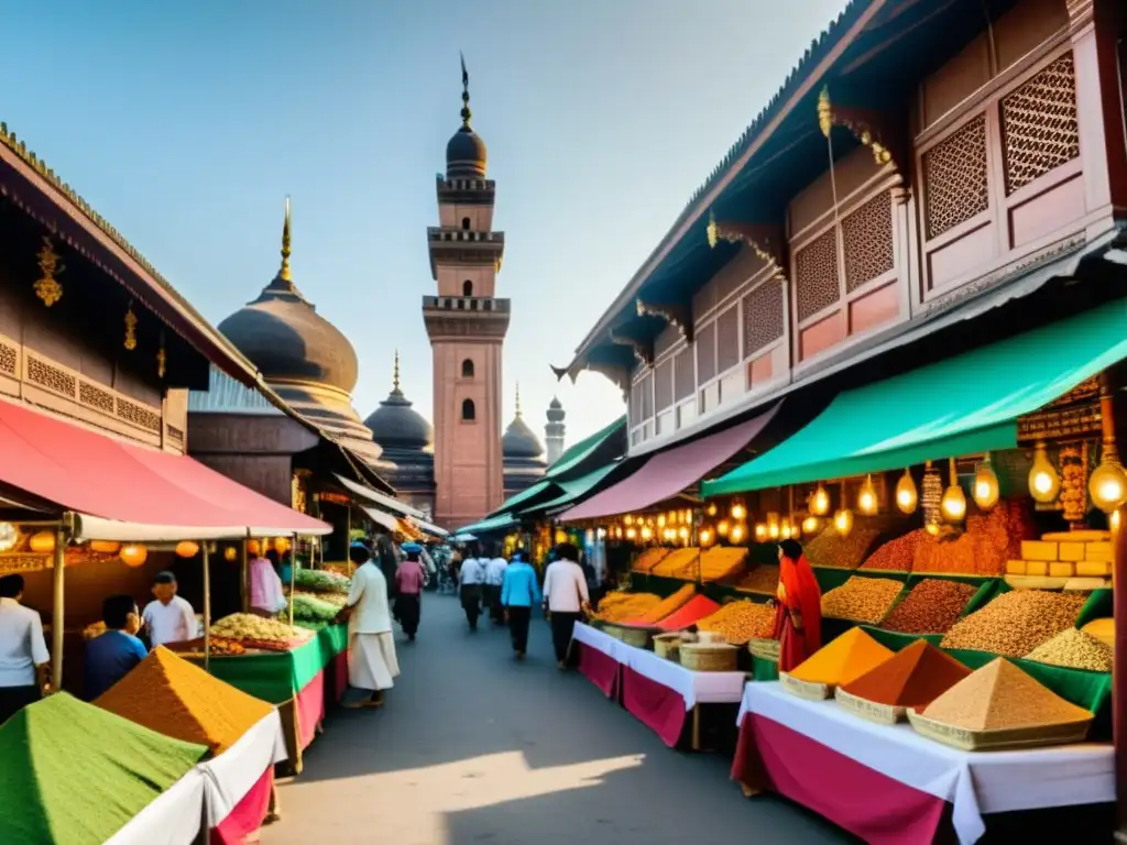 El bullicioso mercado indonesio muestra tiendas tradicionales y colores vibrantes en un escenario iluminado por el sol