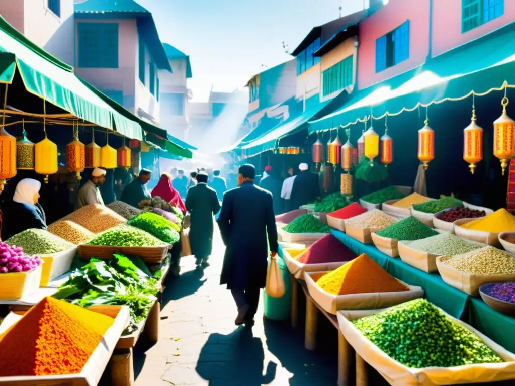 Un bullicioso mercado islámico de hierbas con puestos coloridos y patrones geométricos