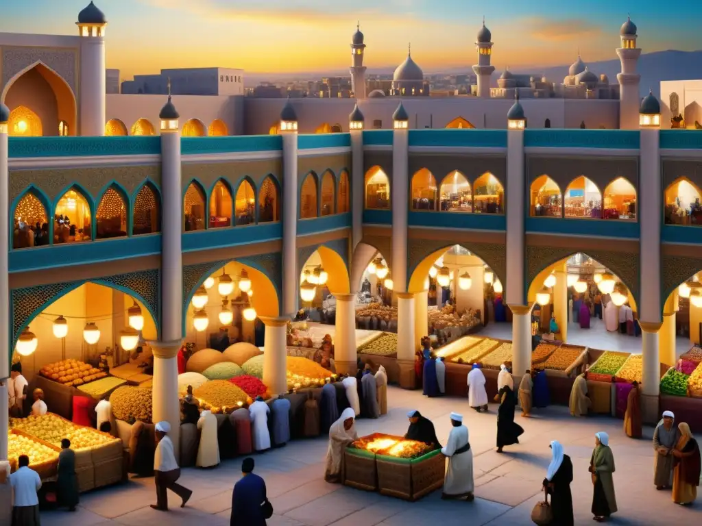 Mercado islámico: colorido y tradición en la vida cotidiana Un bullicioso mercado islámico, lleno de colores, arquitectura detallada y personas compartiendo cuentos populares transmisión valores tradiciones