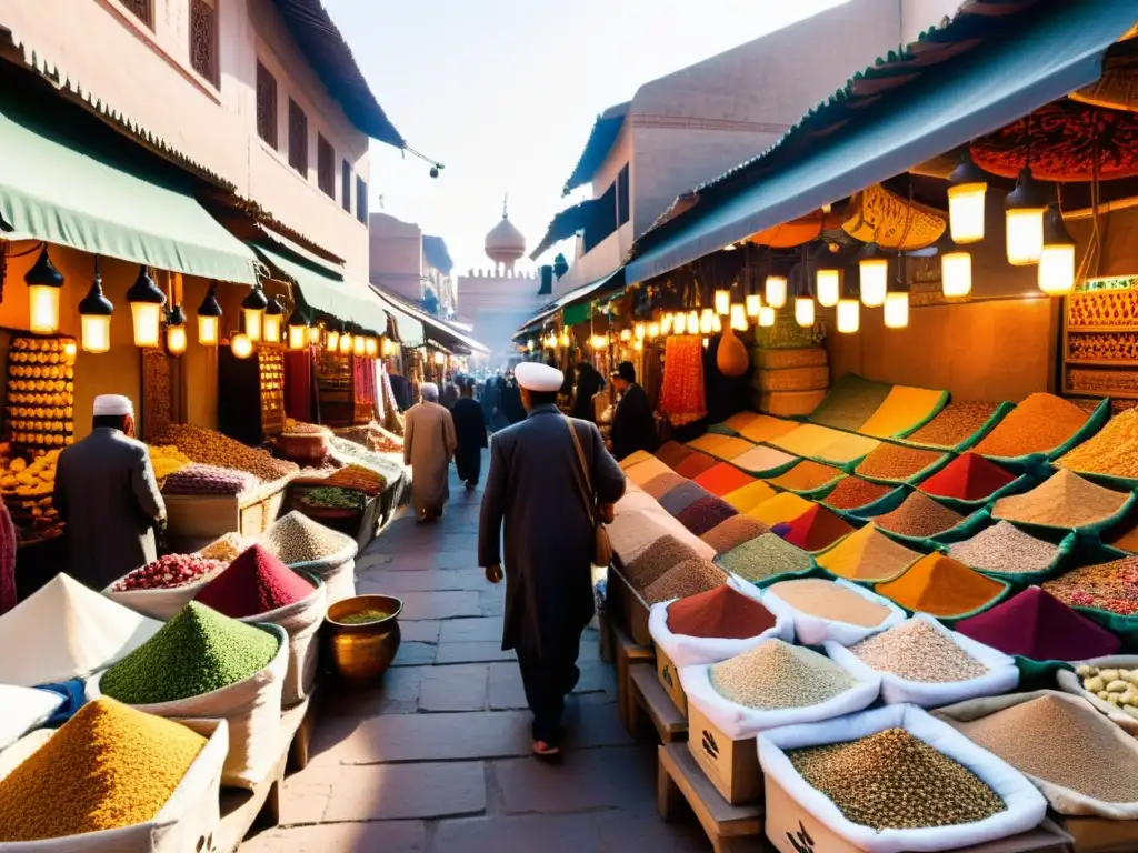 Un bullicioso mercado islámico, lleno de textiles vibrantes, alfombras intrincadas y metalistería ornamental