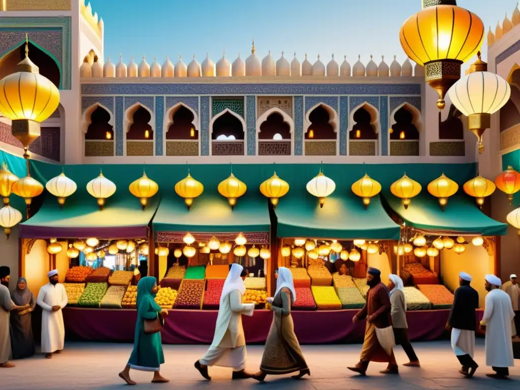 Un bullicioso mercado islámico rebosante de colores vibrantes, arquitectura ornamental y gente variada realizando actividades como comerciar, contar historias y aprender