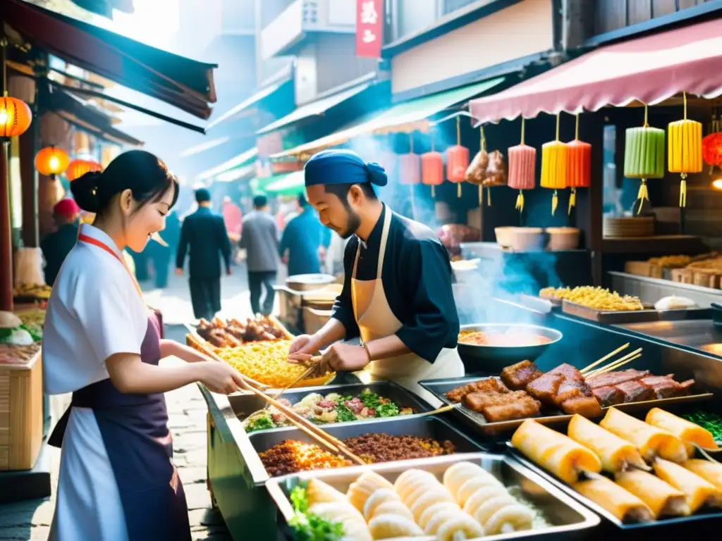 Un bullicioso mercado japonés con una variedad de comida callejera halal