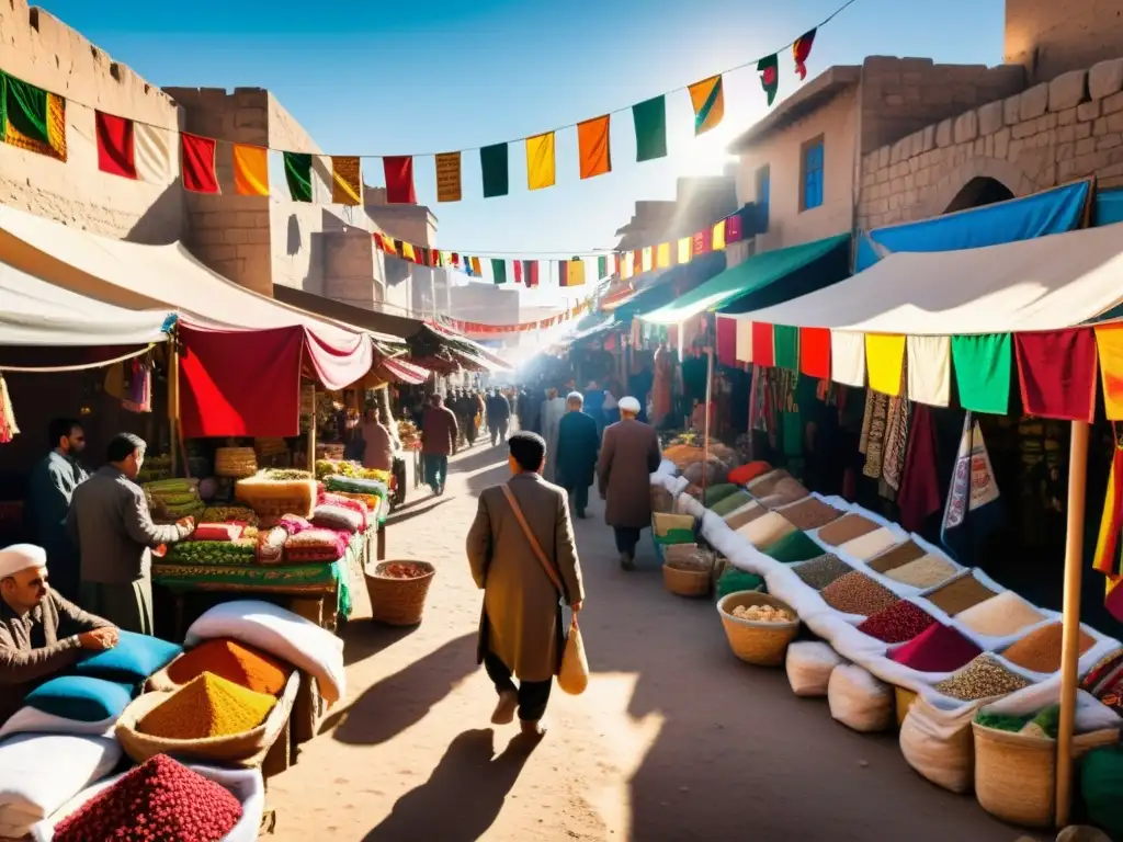 Un bullicioso mercado kurdo con textiles, especias y artesanías