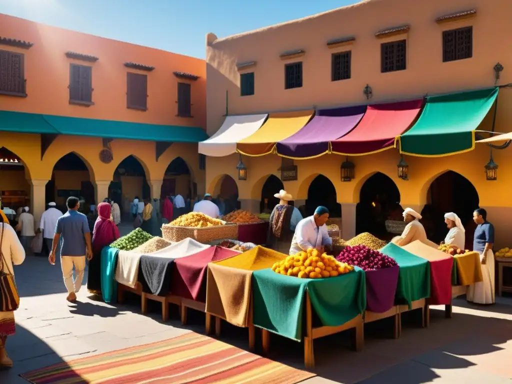 Un bullicioso mercado latino con influencia del Islam, donde la luz dorada resalta la fusión cultural