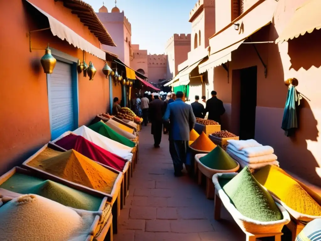 Un bullicioso mercado en Marrakech, Marruecos, lleno de colores vibrantes y productos exóticos