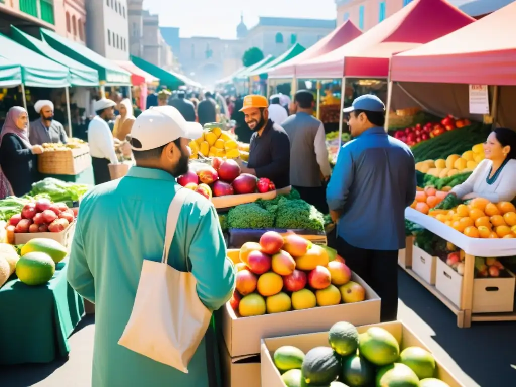 Un bullicioso mercado lleno de puestos que ofrecen una colorida variedad de frutas, verduras y otros productos halal sostenibles