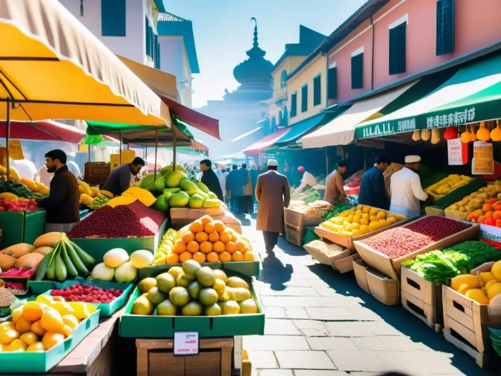 Un bullicioso mercado lleno de puestos de colores vendiendo una variedad de alimentos halal frescos