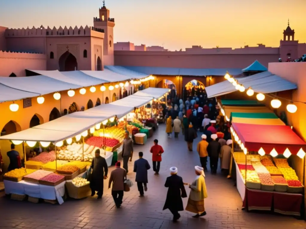 Un bullicioso mercado en Marrakech durante Eid al-Fitr, con colores vibrantes y celebraciones