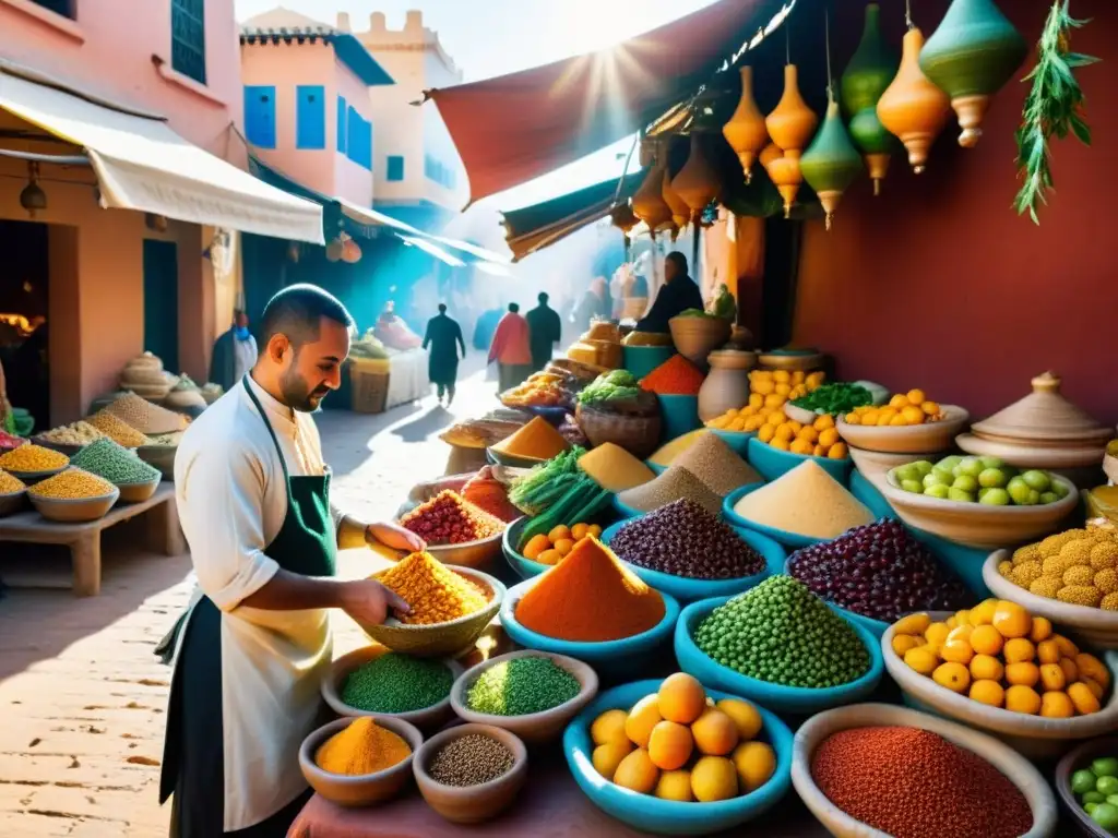 Un bullicioso mercado marroquí con colores vibrantes y adaptaciones modernas platos islámicos veganos