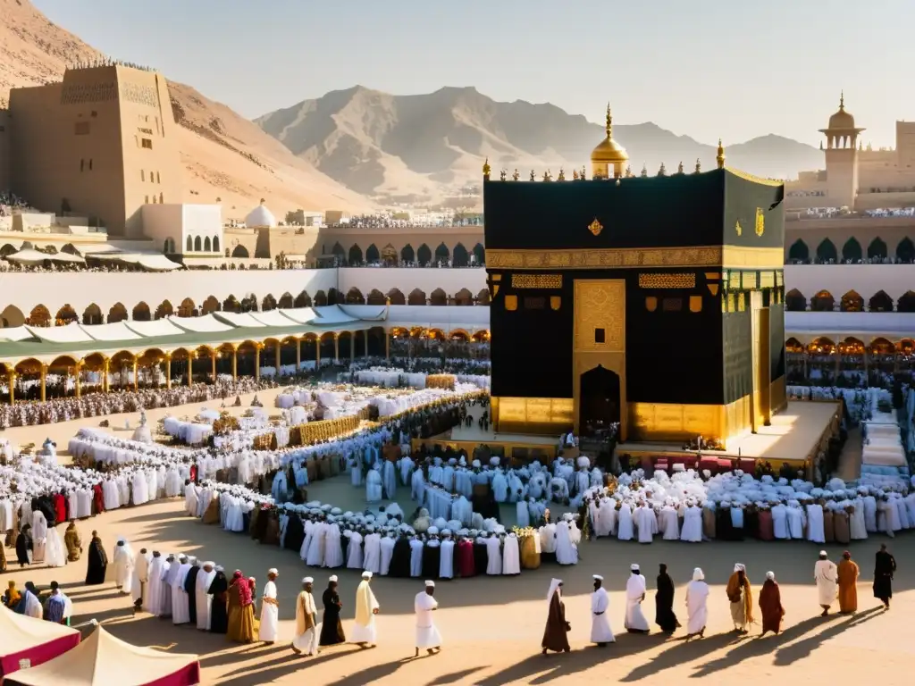 Un bullicioso mercado en la Mecca del siglo VII, con mercaderes vendiendo textiles vibrantes, especias y metales preciosos bajo el sol abrasador