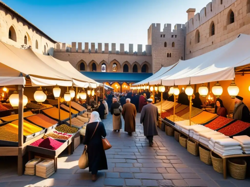 Un bullicioso mercado medieval en Al-Ándalus, con influencia del comercio andalusí en Europa