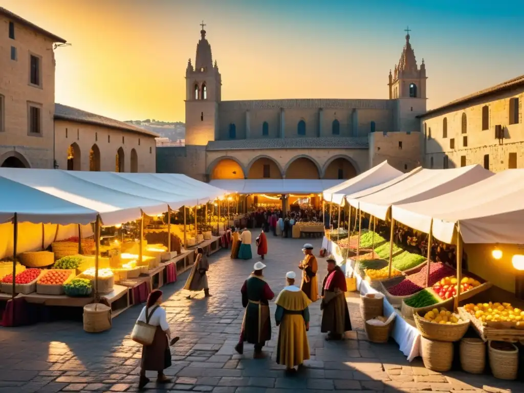 Un bullicioso mercado en la España medieval, con comerciantes, granjeros y artesanos