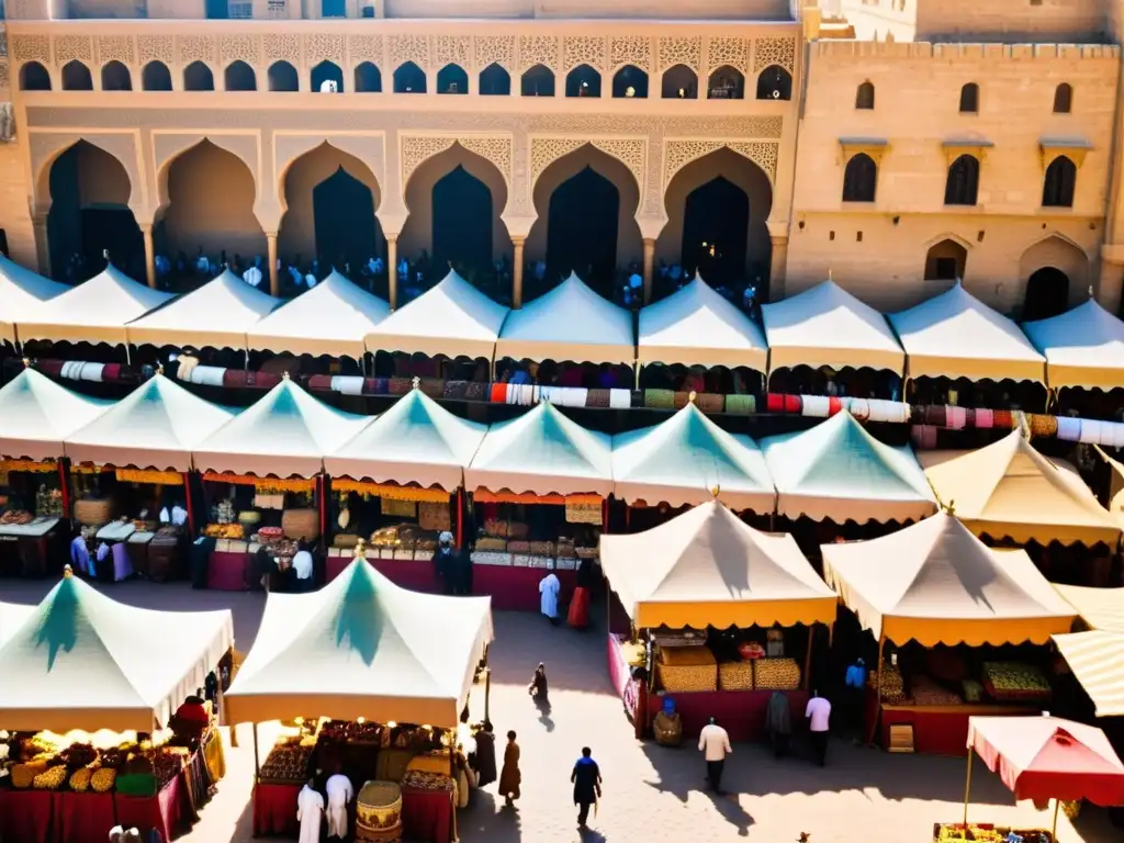 Un bullicioso mercado en el Cairo medieval, con comerciantes vendiendo especias exóticas, textiles vibrantes y artesanías