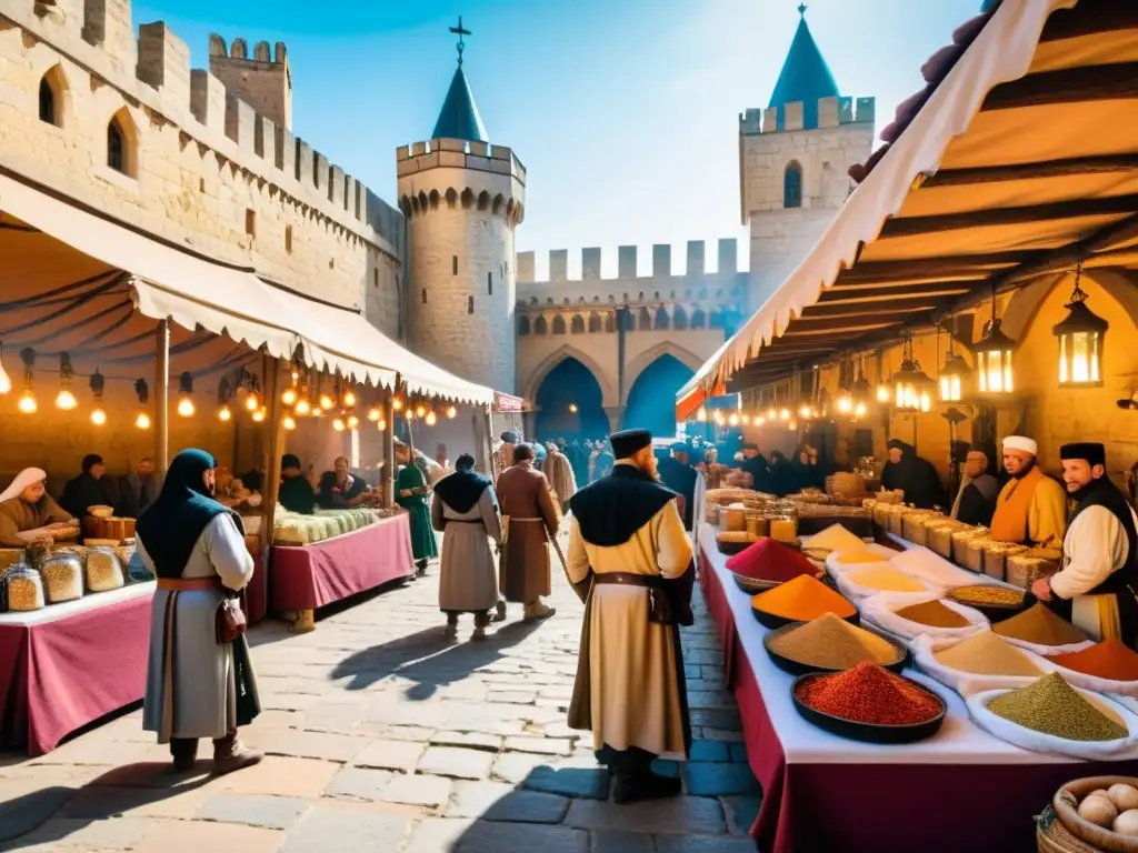 En un bullicioso mercado medieval, comerciantes venden especias y textiles