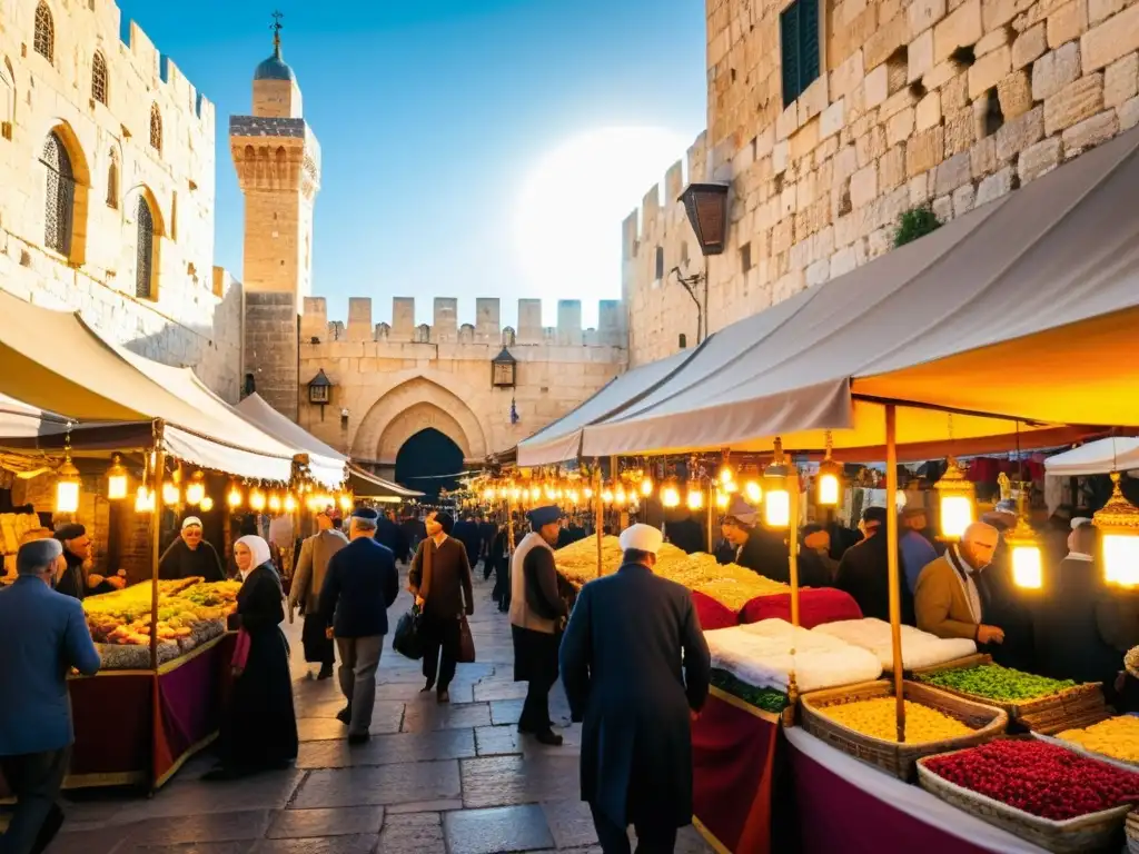 Un bullicioso mercado medieval en Jerusalén, con detalles de piedra, textiles vibrantes y comerciantes de todo el mundo conocido