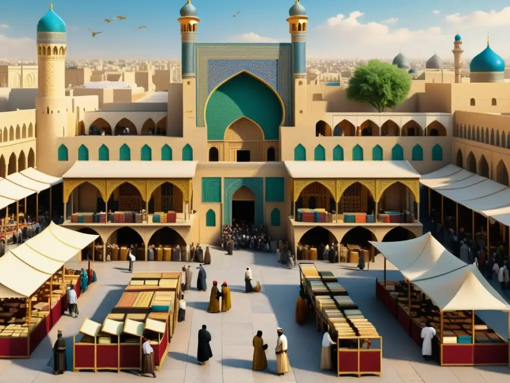 Un bullicioso mercado en la Bagdad medieval, con dinastías literarias en Bagdad representadas en la arquitectura, los libros y la caligrafía