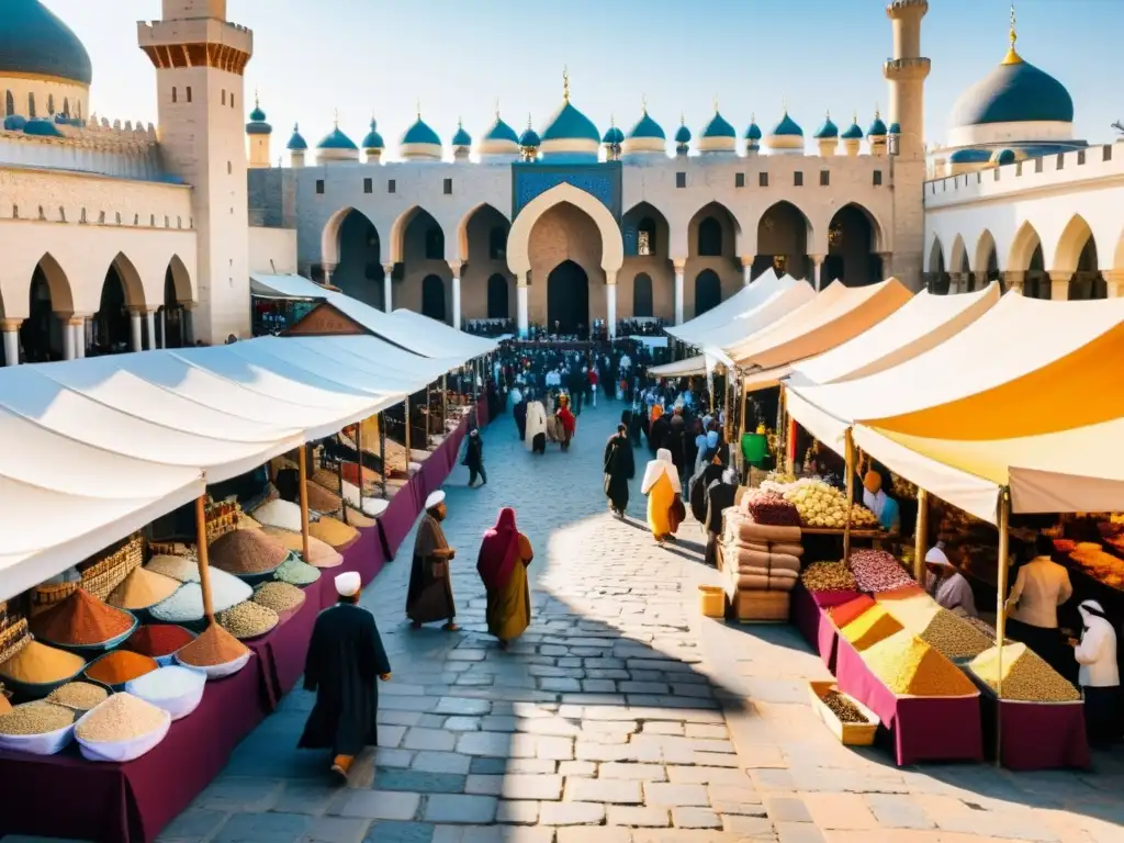 Un bullicioso mercado medieval con diversidad étnica y religiosa, donde se mezclan culturas y se venden exóticos productos