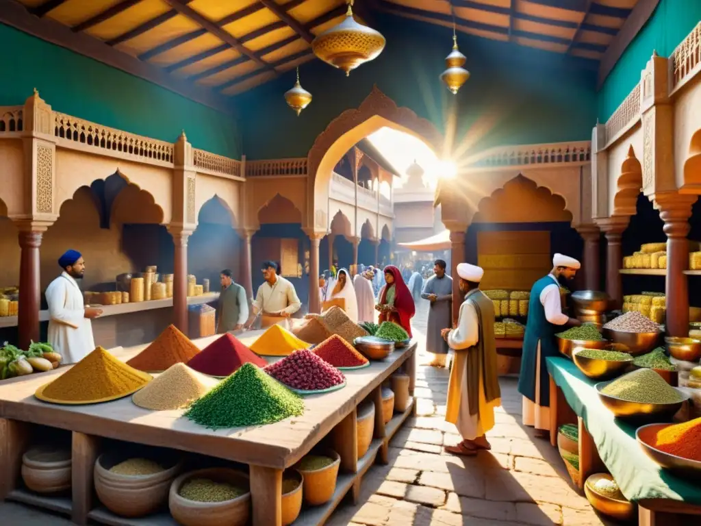 En un bullicioso mercado medieval de la India, un médico islámico consulta a un paciente entre hierbas y especias