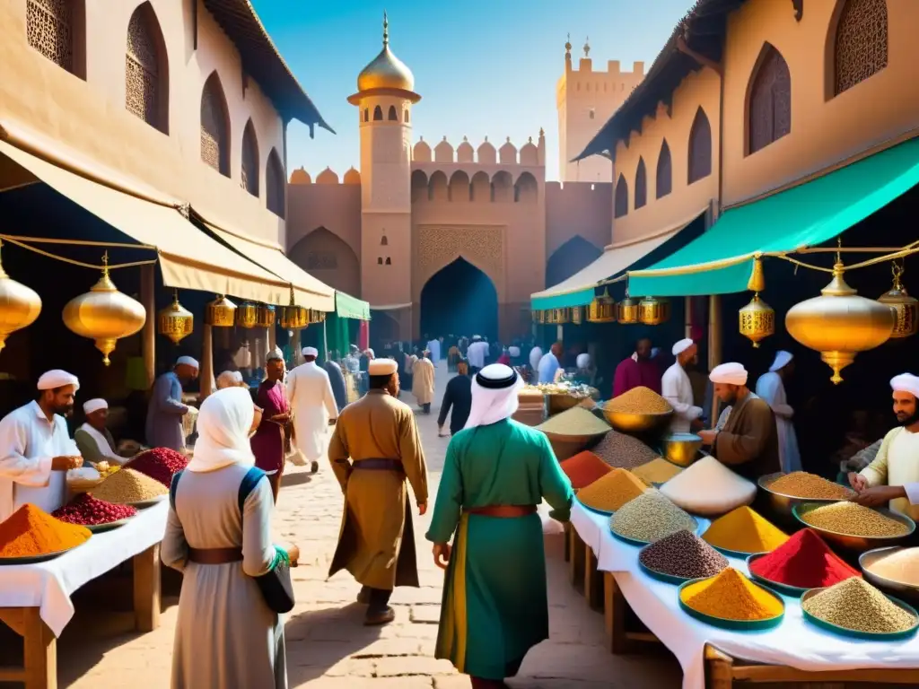 Un bullicioso mercado medieval islámico con comerciantes y mercaderes Saqaliba, intercambiando sedas, especias y metales preciosos