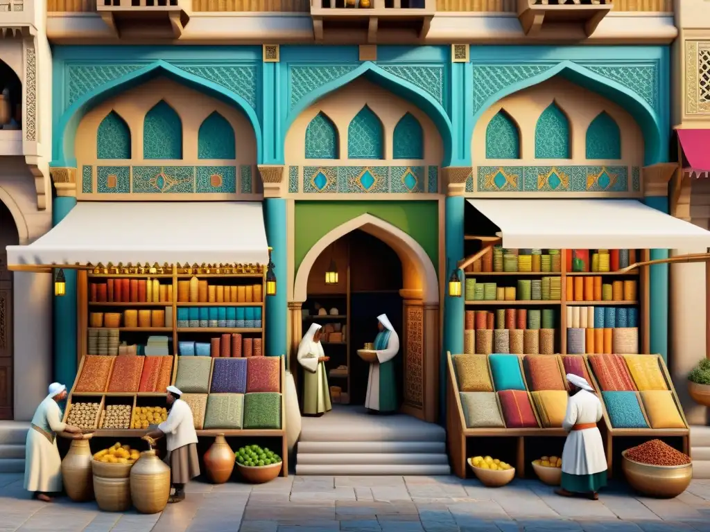 Un bullicioso mercado medieval en el mundo islámico, con comercio de libros, textiles vibrantes y arquitectura impresionante