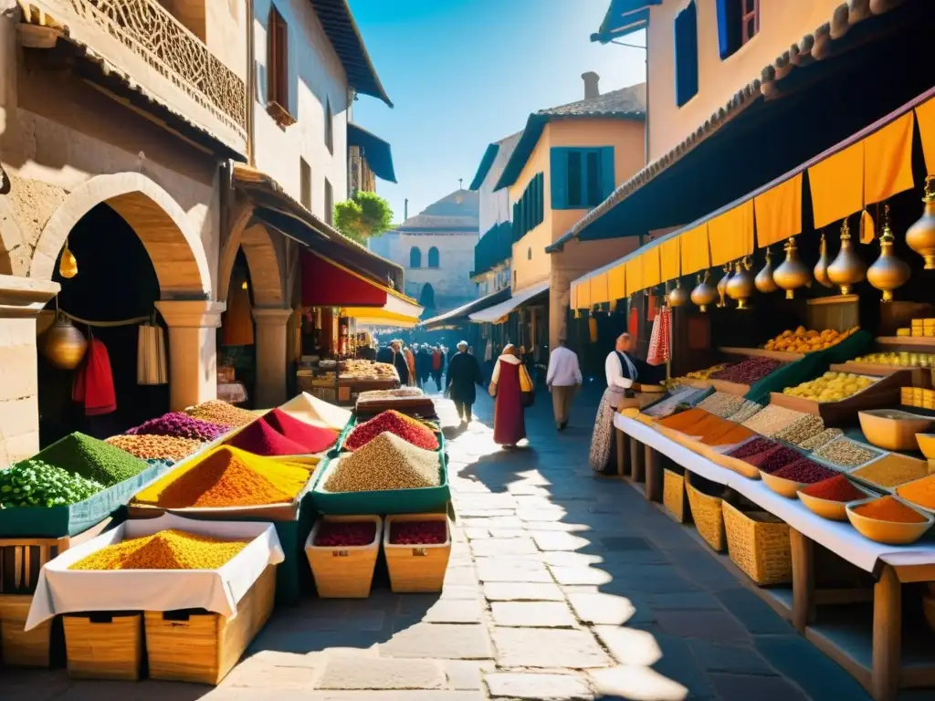 En el bullicioso mercado medieval de AlÁndalus, España musulmana, los colores, aromas y sonidos capturan el esplendor de la época