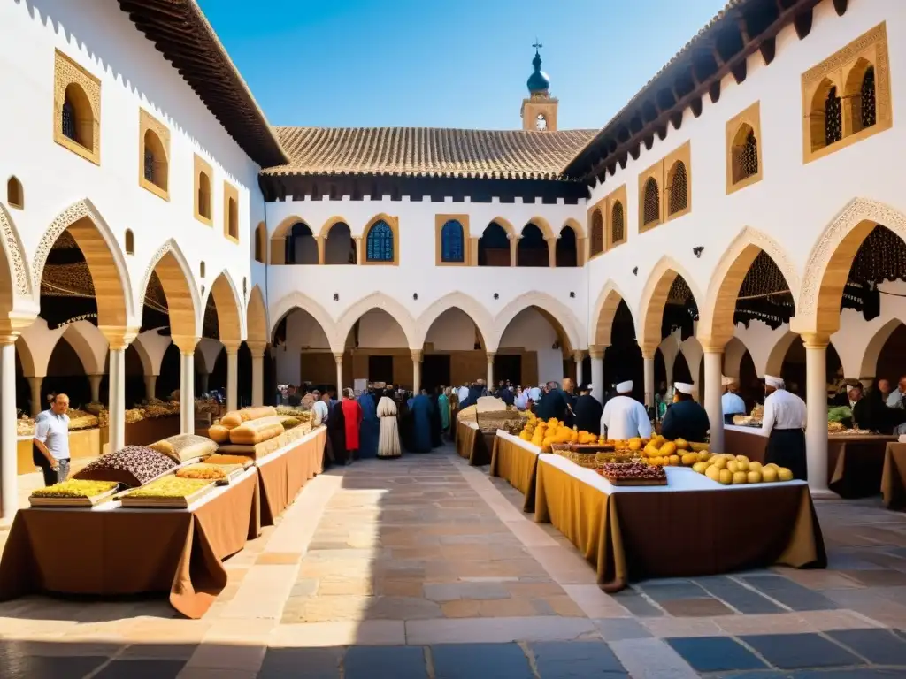 Un bullicioso mercado medieval en la Península Ibérica, reflejo de la convivencia de las tres culturas en un ambiente vibrante y colorido