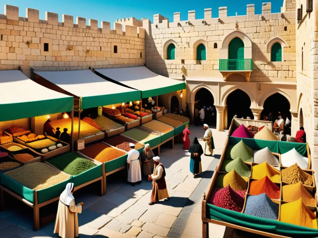 Una ilustración fotorealista de un bullicioso mercado medieval en Jerusalén, con vendedores y mercancías coloridas bajo las murallas de la ciudad