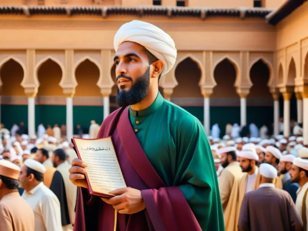 Hassan ibn Thabit en un bullicioso mercado de Medina, vestido con atuendo árabe y sosteniendo un pergamino de poesía, rodeado de gente y coloridos