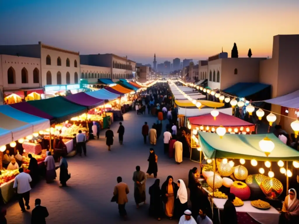 Un bullicioso mercado nocturno en una ciudad del Medio Oriente celebra Shabe Barat, con coloridos puestos y una cálida atmósfera comunitaria